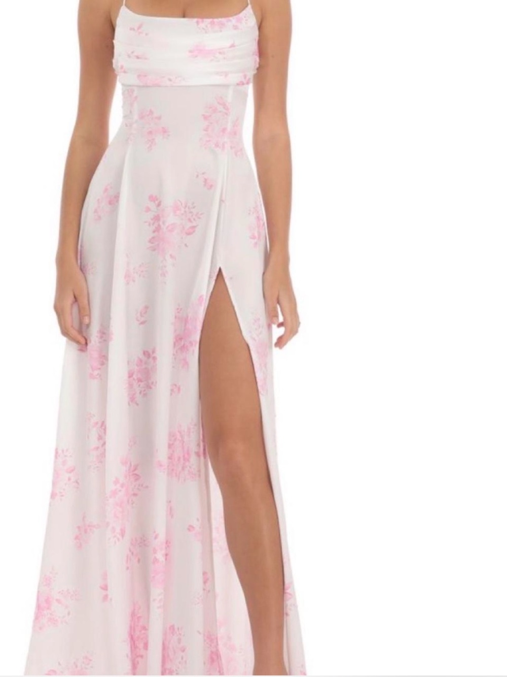 Lucy in the Sky White Maxi Dress with Pink Floral Print and High Slit